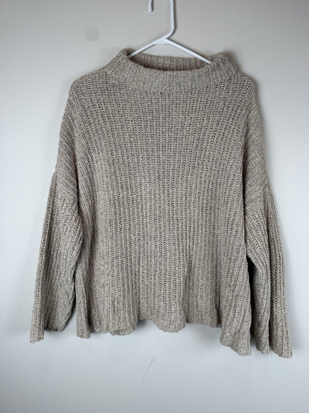Eileen Fisher Sweater Women XL Boxy Funnel Neck Beige Chunky Knit Organic Cotton